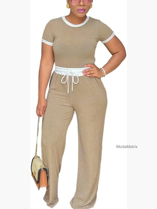 Pants - 2 Piece Lounge Set Short Sleeve Wide Leg Pants Tracksuit